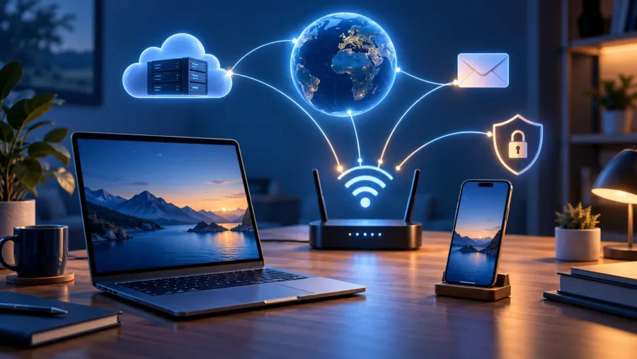 Laptop, mobitel i kućni usmjerivač povezani s internetskim uslugama